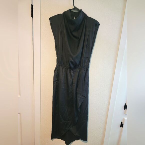entro Dresses & Skirts - Entro Black Satin Draped Cowl Neck Midi Dress Small